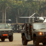 The Maung military vehicle manufactured by PT Pindad participates in the military equipment parade during the dress rehearsal for the peak celebration of the 79th TNI Anniversary at the National Monument Square, Central Jakarta.