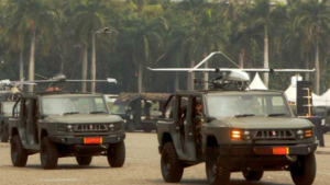 The Maung military vehicle manufactured by PT Pindad participates in the military equipment parade during the dress rehearsal for the peak celebration of the 79th TNI Anniversary at the National Monument Square, Central Jakarta.